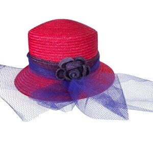 Vintage Red Hat Society Purple Tulle Bow Floral Accent  Brim Church Derby/Club
